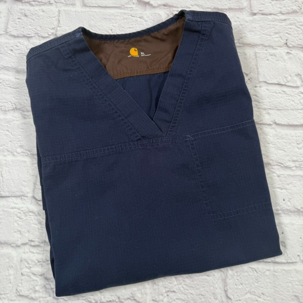 Carhartt Mens Medical Scrubs Top Navy Blue Size XL Short Sleeve Pockets V Neck